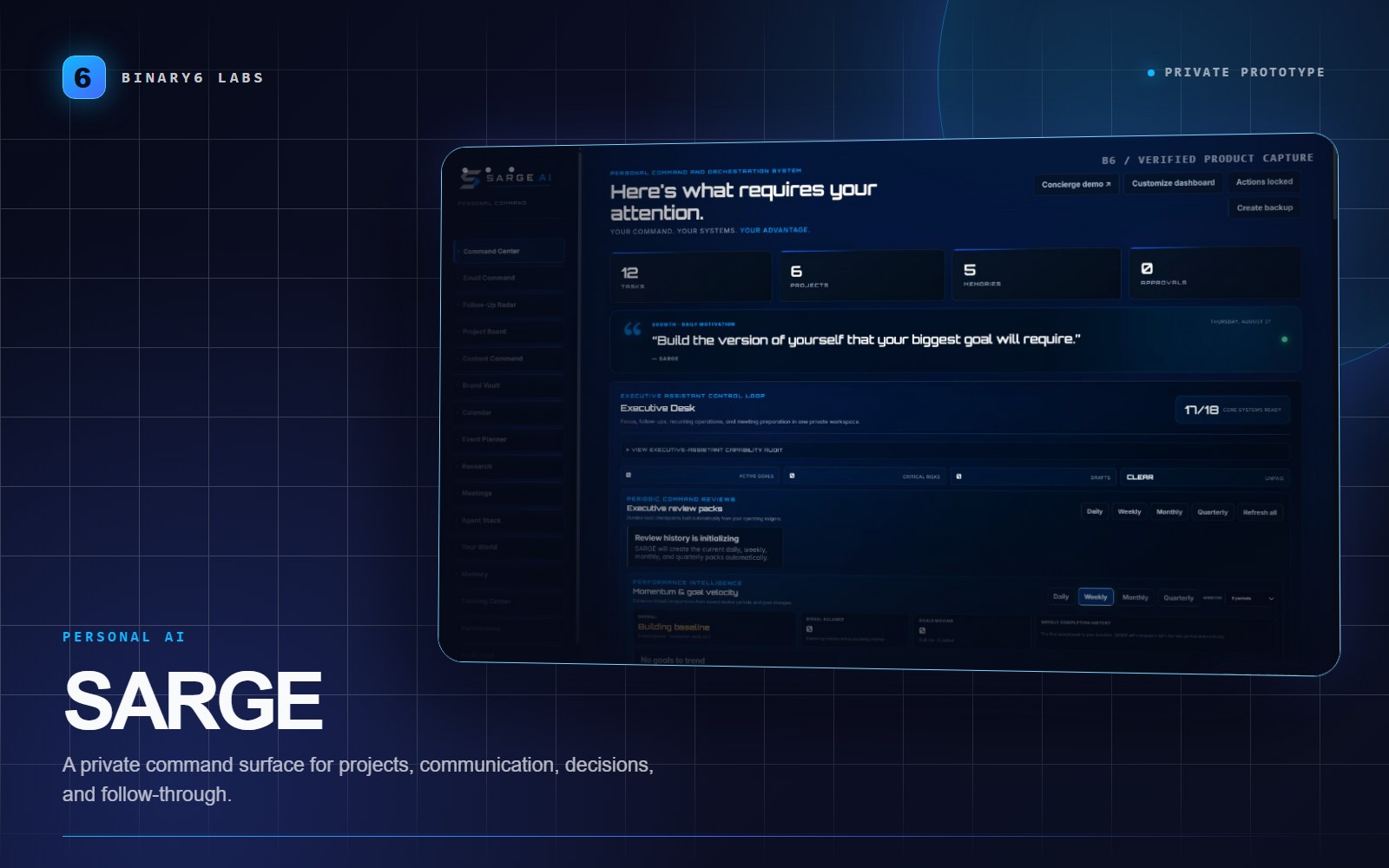 SARGE product cover featuring the private command center interface